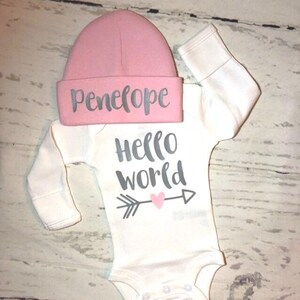 Baby girl personalized Hello world Baby gift, Cute baby girl clothes, Pink coming home outfit, Go home hospital hat and shirt, Preemie girl