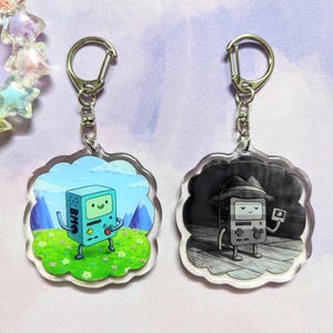 May include: Two keychains featuring a cartoon character, one in color and one in black and white. The character is a robot with a green body and a black face. The keychain is made of clear acrylic and has a silver metal ring.