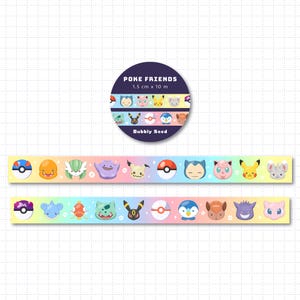 Poke Friends washitape, afplaktape videogame, Bujo Journal planner waterfles laptop, leuk animecadeau, kawaii nostalgisch briefpapier