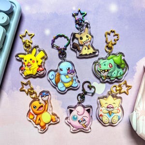 OG Poke Friends Double-Sided Glitter Acrylic Keychain, Video Game Charm, Kawaii Accessories, Cute Gift, Fanart Nostalgic Retro Gaming merch