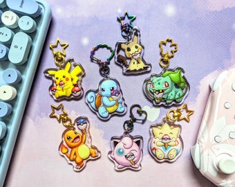 OG Poke Friends dubbelzijdig glitter acryl sleutelhanger, videogamebedel, kawaiiaccessoires, leuk cadeau, fanart nostalgische retro gamingmerchandise