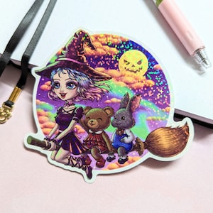 Hexe und kleine Freunde Holographische Vinyl Aufkleber, Halloween, Bujo Journal Planer Scrapbook, Wasserflasche Laptop, niedliches Geschenk, Kawaii Art