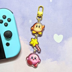 Video Game Cute 3-in-1 Linking Glitter Acrylic Keychain, Double Sided Charm, Kawaii Accessory, Cute Gift, Fanart Keychain Gaming merch Kirby