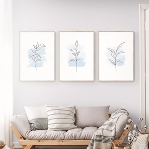 3 Piece Wall Art Flower Line Drawing Triptych Pastel Blue Watercolor Botanical Line Art Set of 3 Prints Set Light Blue Aesthetic Wall Art