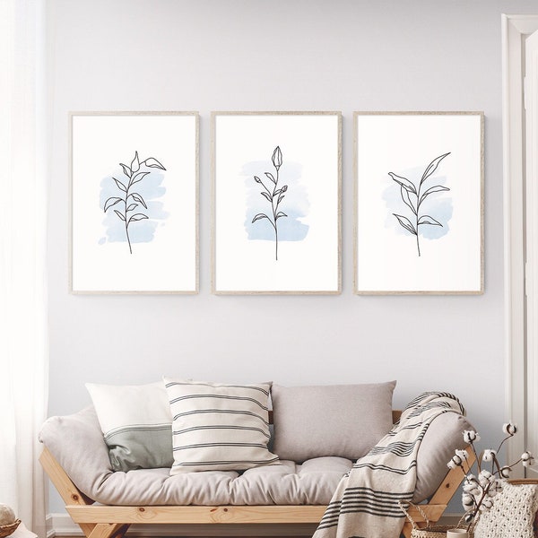 3 Piece Wall Art Flower Line Drawing Triptych Pastel Blue Watercolor Botanical Line Art Set of 3 Prints Set Light Blue Aesthetic Wall Art