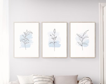 3 Piece Wall Art Flower Line Drawing Triptych Pastel Blue Watercolor Botanical Line Art Set of 3 Prints Set Light Blue Aesthetic Wall Art
