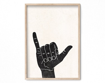 Shaka hand printable wall art, hang loose hand gesture, mahalo dude modern minimalist woodblock print, surf art Instant download surf decor