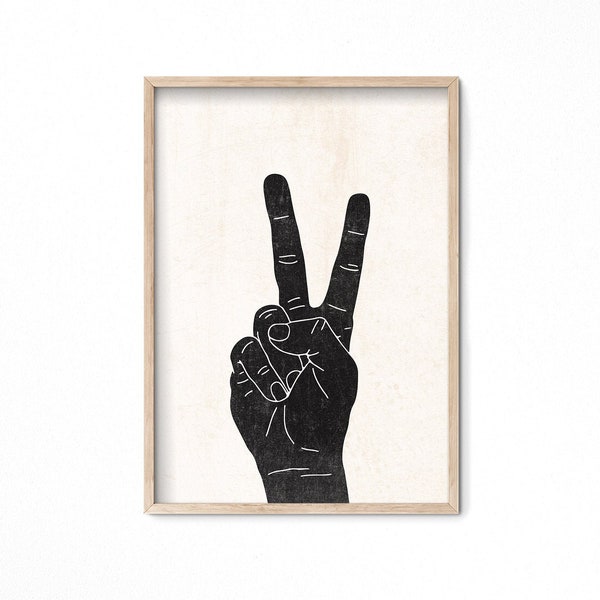 Peace Sign Printable Wall Art, Peace Fingers Hand Gesture Print, Woodblock Peace Hand Sign Vintage Print, Extra Large Peace Sign Printable