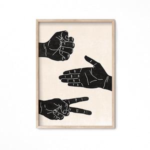 Arte murale stampabile "Sasso, carta, forbici", moderna e minimalista, decorazione in legno nero e beige, impronta di mano, grande arte murale, gesti delle mani