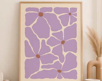 Poster con fiori viola, stampa floreale moderna da parete di metà secolo, stampa astratta lilla retrò per soggiorno o camera da letto in stile boho.