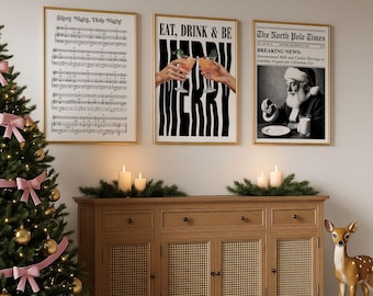 Vintage Christmas Wall Art Set of 3 Prints, Eat Drink Be Merry Quote with Painting, Santa Newspaper Poster, Silent Night Music Printable