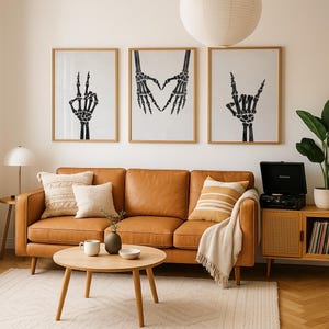 Set of 3 Prints Peace Love and Rock&#39;n&#39;Roll printable wall art skeleton hand gestures