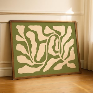 Art imprimable horizontal abstrait botanique vert sauge, téléchargement d&#39;art mural moderne du milieu du siècle, oeuvre d&#39;art verte imprimable pour décoration murale bohème
