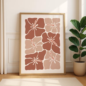 Terracotta Brown Hibiscus Wall Art Abstract Tropical Floral Print | Retro Coastal Flower Printable Poster for Boho, Modern, Earthy Decor