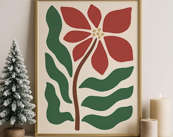 Abstract Poinsettia Christmas Wall Art, Modern Minimal Holiday Printable, Mid Century Botanical Print for Cozy Winter Decor