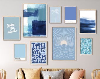 Eclectic Gallery Wall Printable Set of 9 Blue Wall Art Bundle, Coastal Wall Decor Gallery Wall 9 Print Bundle, Coastal Aesthetic Wall Art