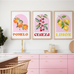 Spaans fruit muurkunst set - pomelo, cereza, limón - kleurrijke keuken muurkunst set, boho eetkamer decor, aquarel fruit poster trio