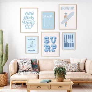 Coastal Cowgirl Aesthetic Set of 6 Prints Blue Wall Art Blue Cowgirl Wall Art Aloha Preppy Room Decor Howdy Surfing Cowgirl Wall Art