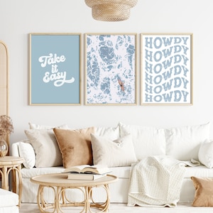 Coastal Cowgirl Aesthetic Set of 3 Printable Wall Art Blue Cowgirl Wall Art Howdy Poster Surfy Room Decor Surfing Cowgirl Print Take it Easy