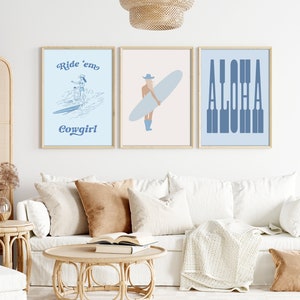 Coastal Cowgirl Aesthetic Set of 3 Prints Blue Wall Art Blue Cowgirl Wall Art Lucky You Preppy Room Decor Howdy Surfing Cowgirl Wall Art