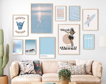 Coastal Cowgirl Aesthetic Set of 10 Prints Blue Wall Art Blue Cowgirl Wall Art Coastal Wall Art Surf Art Light Blue and Beige Room Decor