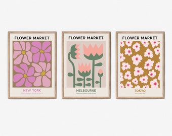 Flower Market Set of Posters for Instant Download, New York Tokyo Flower Market Poster, Flower Market Print Set of 3 Digital Art Print Set