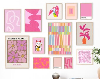 Gallery Wall Set Pink Abstract Art Colourful Wall Art Set of Prints Bright Pink Eclectic Aesthetic Gallery Wall Bundle Flower Market Posters