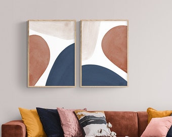 Printable Abstract Art Set of 2 Prints Featuring Terracotta and Navy Blue Shapes, Boho Abstract Art, Contemporary Printable Wall Art Set