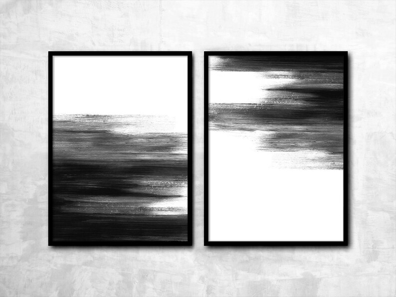 Set of 2 Black And White Abstract Painting Printable Wall Art, Extra Large 2 Piece Wall Art, Monochrome Minimalist Art, Contemporary Art image 5