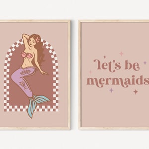 Let&#39;s Be Mermaids Set of 2 Prints with Checkered Arch Cool Girls Room Decor, Vintage Tattoo Mermaid Print Eclectic Decor Mermaid Set of Two
