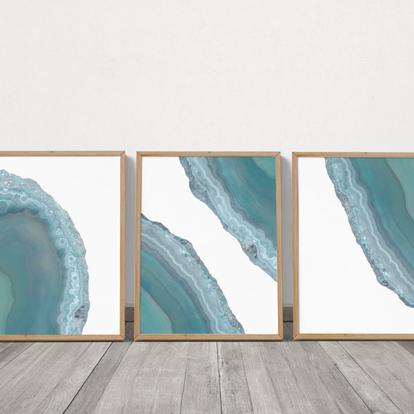 Geode Wall Art Set of 3 Prints Teal and Grey, Boho Printable Abstract Art, Crystal Abstract Agate Wall Art, Contemporary Printable Wall Art