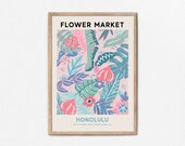 Honolulu Flower Market Print, Vintage Inspired Hawaii Travel Poster, Pink Flower Market Poster, Tropical Print Wall Art, Printable Wall Art