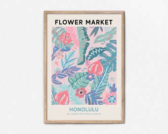 Honolulu Flower Market Print, Vintage Inspired Hawaii Travel Poster, Pink Flower Market Poster, Tropical Print Wall Art, Printable Wall Art