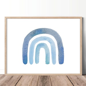 May include: A watercolor painting of a blue rainbow with three arches. The rainbow is painted in shades of blue, from light blue to dark blue.