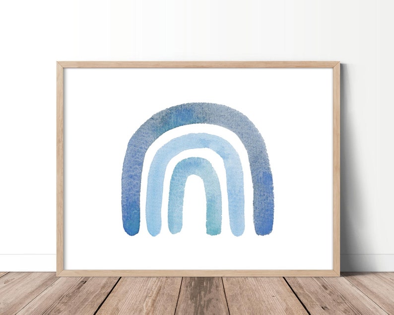 May include: A watercolor painting of a blue rainbow with three arches. The rainbow is painted in shades of blue, from light blue to dark blue.