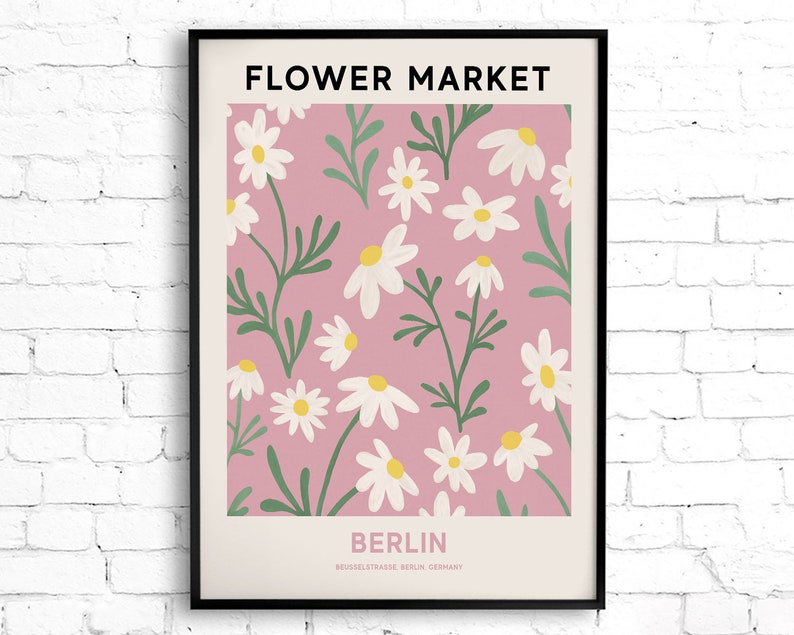 Berlin Flower Market Printable Wall Art, Pink Flower Market Poster, Daisy Wall Art Flower Painting, Berlin Print, Pink Botanical Print image 8