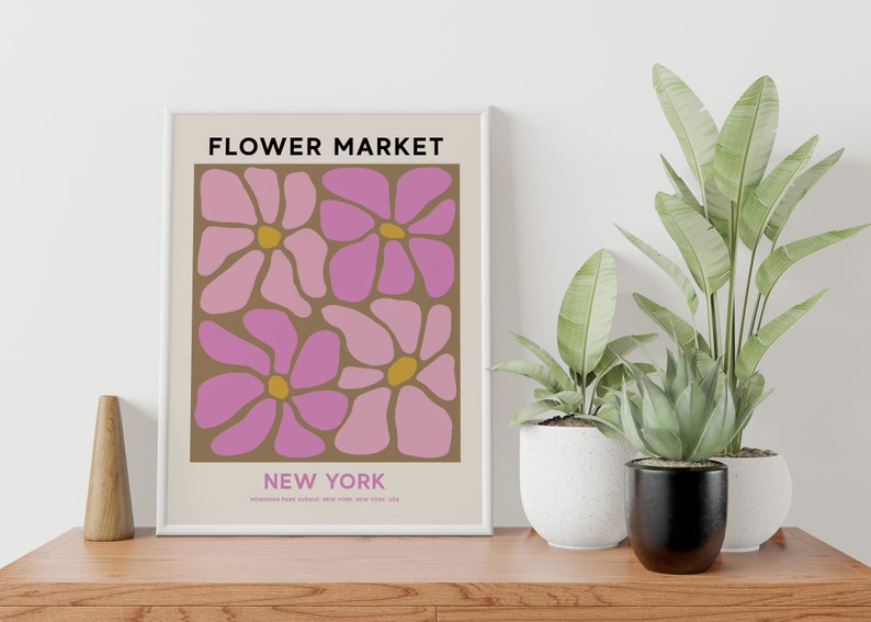 New York Flower Market Printable Wall Art, Pink Flower Market Poster, Abstract Flower Painting, New York Print, Abstract Pink Daisy Art image 6