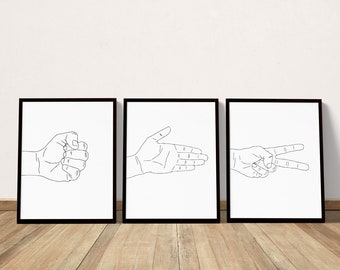 Paper Scissors Rock Set of 3 printable wall art black and white decor line art hand print large posters Instant download Humour hand gesture