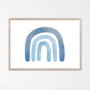 May include: A framed watercolor painting of a blue rainbow with three arches. The rainbow is painted in shades of blue, from light to dark.