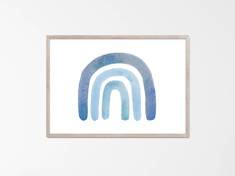 May include: A framed watercolor painting of a blue rainbow with three arches. The rainbow is painted in shades of blue, from light to dark.