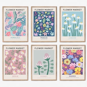 Flower Market Set of 6 Prints, Botanical Wall Decor, Flower Market Print Set, Berlin, Sydney, London Flower Market Gallery Wall Art Set