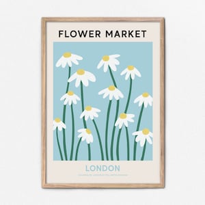 London Flower Market Print, Digital Flower Market Poster, Blue and White Daisy Painting, Gallery Wall Art, Travel Wall Art, Botanical Print zdjęcie 1