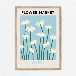 London Flower Market Print, Digital Flower Market Poster, Blue and White Daisy Painting, Gallery Wall Art, Travel Wall Art, Botanical Print
