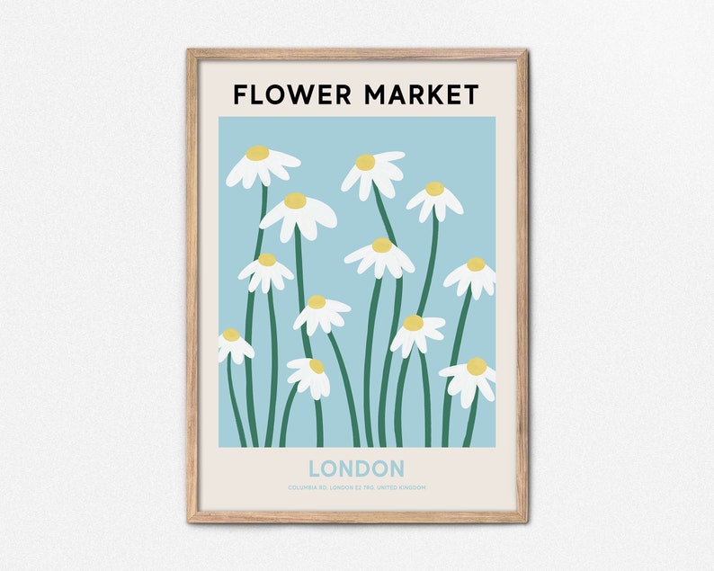 London Flower Market Print, Digital Flower Market Poster, Blue and White Daisy Painting, Gallery Wall Art, Travel Wall Art, Botanical Print zdjęcie 1