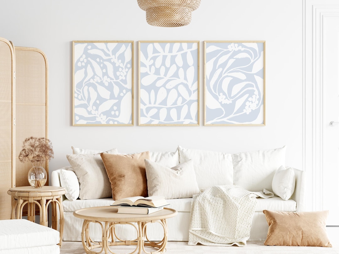 Blue Botanical Wall Art Set of 3 Prints – Minimalist Plant Line Art in ...
