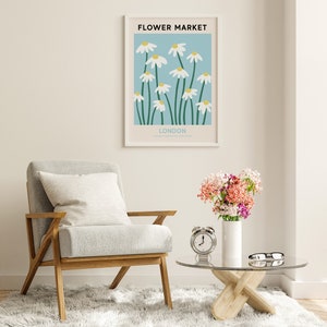 London Flower Market Print, Digital Flower Market Poster, Blue and White Daisy Painting, Gallery Wall Art, Travel Wall Art, Botanical Print zdjęcie 2