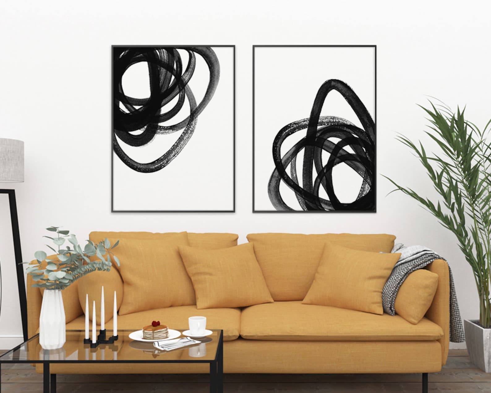Black and White Abstract Art 2 Piece Wall Art, Scribble Art Set of 2 ...