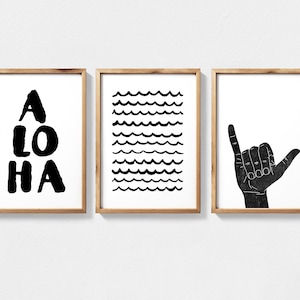 Hawaii Art Digital Download Featuring Aloha Quote, Waves and Shaka Hand Set of 3 Printable Wall Art, Surfer Wall Art, Hawaiian Wall Art image 1