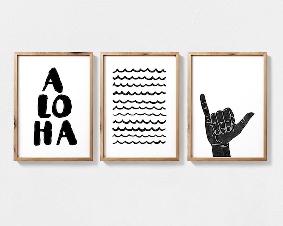 Hawaii Art Digital Download Featuring Aloha Quote, Waves and Shaka Hand Set of 3 Printable Wall Art, Surfer Wall Art, Hawaiian Wall Art