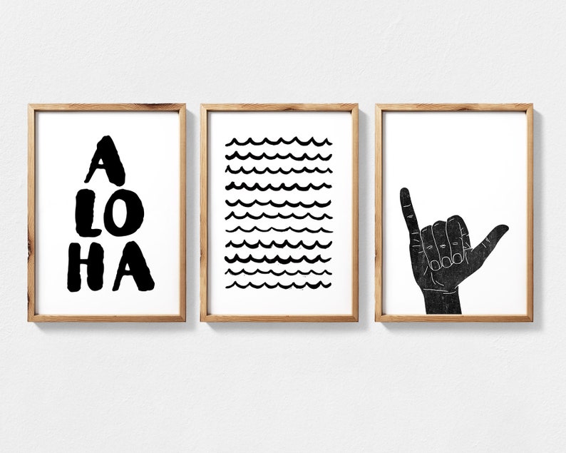 Hawaii Art Digital Download Featuring Aloha Quote, Waves and Shaka Hand Set of 3 Printable Wall Art, Surfer Wall Art, Hawaiian Wall Art image 1